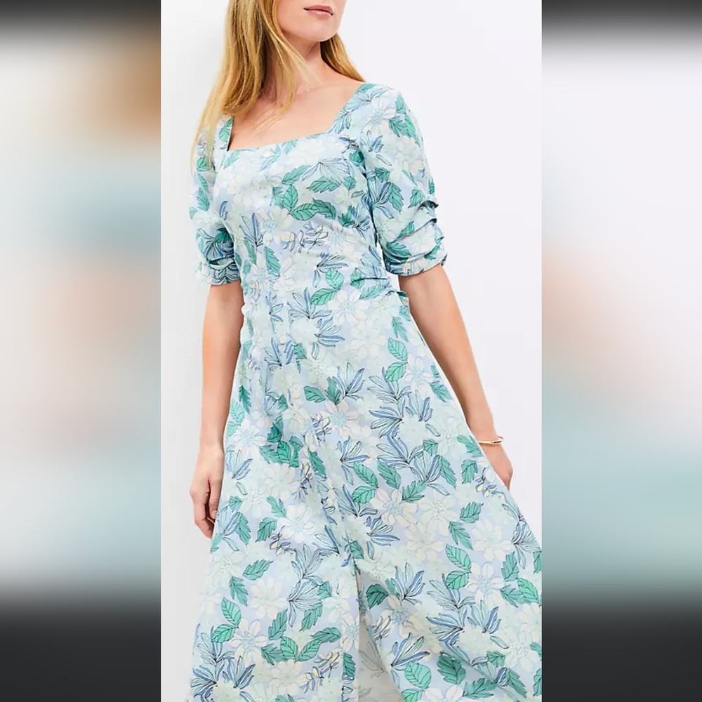 LOFT Green and White Floral Linen Midi Dress